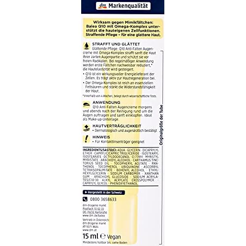 Anti-Wrinkle Eye Cream Q10 with Omega Complex - Perfume-free, PEG-free, Vegan, Not Tested on Animals - 15 ml by Balea