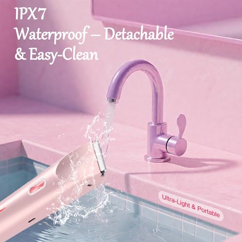 Bikini Trimmer for Women, 2-in-1 Painless Bikini Shaver with Ceramic Blade, Dual-Head Electric Shaver, Ipx7 Waterproof for Shower & Travel, Womens Electric Razor for Armpit Leg Body Facial, Pink