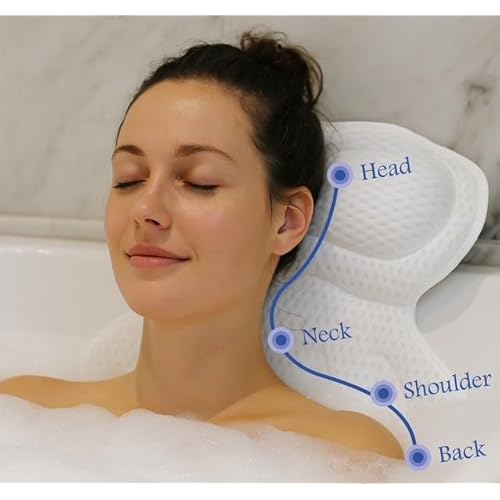 Bath Pillows for Tub, Bathtub Pillow Gift Set: 4D Air Mesh Cushion for Head & Neck, Spa Relaxing Accessories, Plus Bag, Bath Sponge & Scalp Massage Brush, Gift for Woman, by CLUB CONNEXION