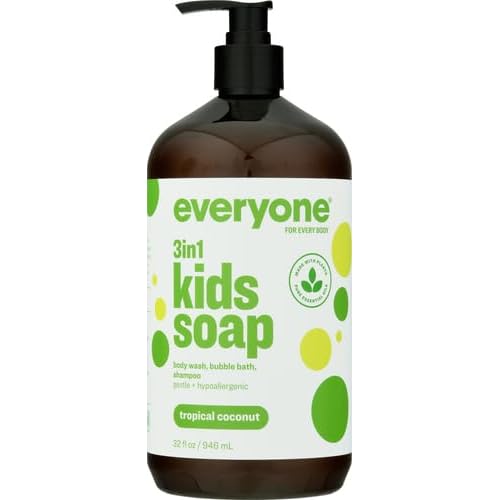 Everyone 3-in-1 Kids Soap, Body Wash, Bubble Bath, Shampoo, 32 Ounce (Pack of 4), Tropical Coconut, Coconut Cleanser with Plant Extracts and Pure Essential Oils