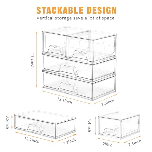 4 Pack Stackable Storage Drawers Clear Acrylic Organizer Bathroom Makeup Organizer and Storage for Beauty Supplies,Ideal for Vanity, Bathroom,Cabinet,Pantry Organization