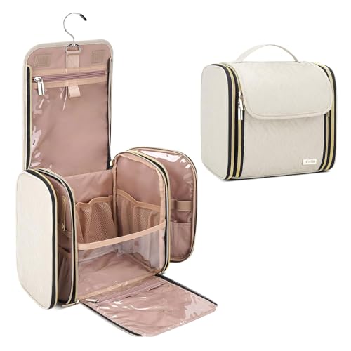 Hanging Toiletry Bag & Makeup Bag for Women with Jewelry Organizer - TSA Approved Large Capacity Travel Cosmetic Organizer, Waterproof Shower Essentials Case with Transparent Pockets, Beige