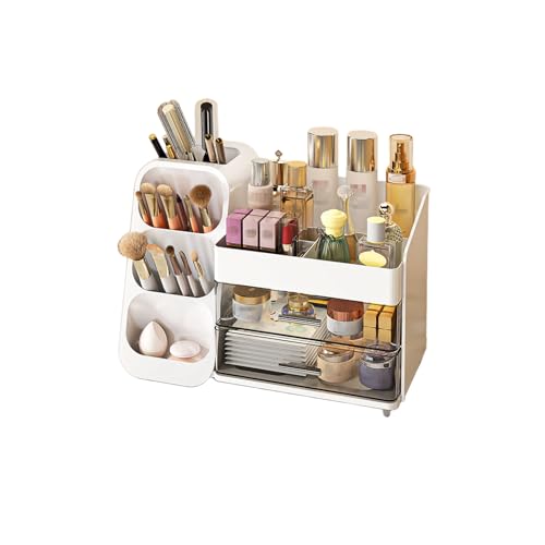 Makeup Organizer with Drawer, Skincare Products Perfume Desk Storage Box, Beauty Holder Rack for Lipstick Brush Eyeliner, Cosmetic Display Case for Dresser Countertop & Bathroom Vanity (White)