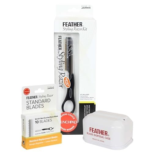 Feather - Detail Razor Standard Kit ? Ergonomic 6 1/4 inch Black Razor Handle 10 Guarded Replacement Blades & Metal Disposable Case ? Hair Cutting and Grooming ? Japanese Stainless Steel