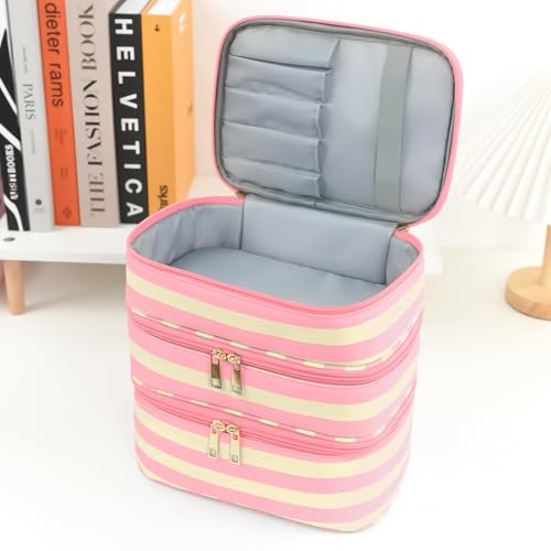 Three Layer Makeup Bag for Women Fashion Stripes Cosmetic Bag Preppy Style Travel Water-Resistant Toiletry Bag for Storage Toiletries Cosmetics Sets for Women Teen Girls Pink