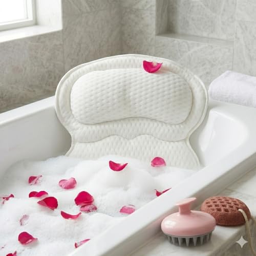 Bath Pillows for Tub, Bathtub Pillow Gift Set: 4D Air Mesh Cushion for Head & Neck, Spa Relaxing Accessories, Plus Bag, Bath Sponge & Scalp Massage Brush, Gift for Woman, by CLUB CONNEXION