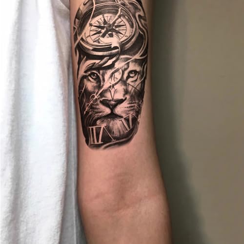 2 Sheets Realistic Animal Temporary Tattoos Stickers Gray Compass Lion Designs For Men Waterproof Arm Leg Fake Body Art, Gym & Parties Bold Masculine Decals