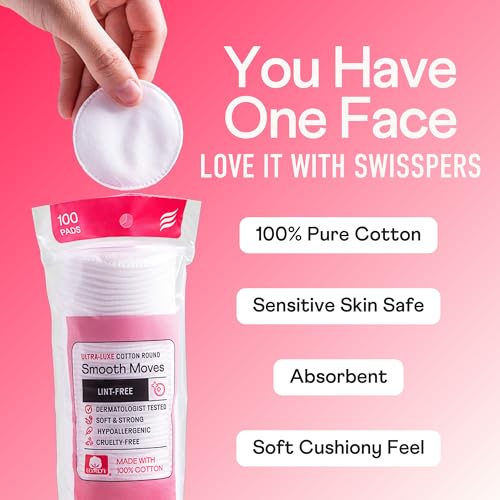 Swisspers Smooth Moves Ultra-Luxe Premium Cotton Rounds -100 Count (Pack of 6) - Hypoallergenic Makeup Remover Pads for Sensitive Skin, USA Made, Vegan, Lint-Free, Paraben Free
