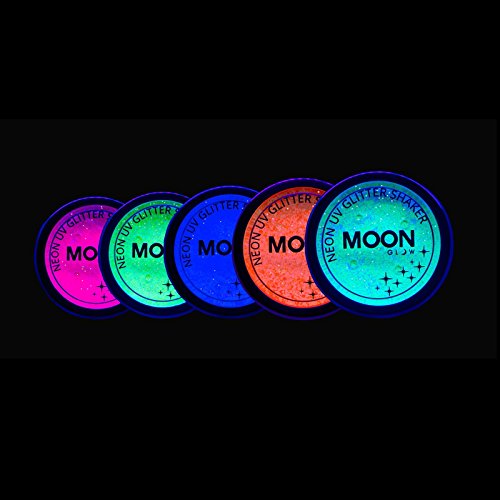 Moon Glow - Blacklight Neon UV Glitter Shaker 0.18oz Set of 5 + Glitter Fix Gel - Glows Brightly Under Blacklights/UV Lighting!