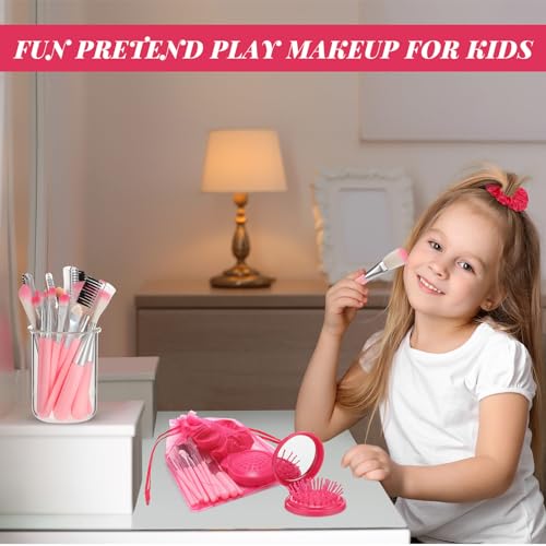 Pink Girl Party Favors Girl Makeup Party Favor Party Supplies Set Includes Pink Gauze Bags, Hair Scrunchies, Foldable Mirror Hair Brushes, Makeup Brushes Toys(48 Pcs)