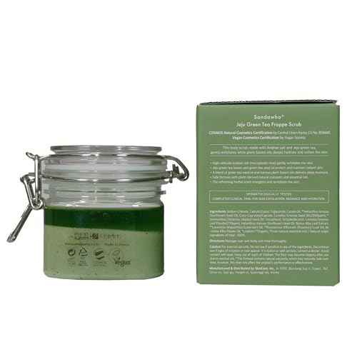 SanDaWha SKINCURE Jeju Body Scrub - Korean Skincare Green Tea Frappe Scrub with Andes White Salt & Green Tea Powder for Exfoliating, Hydrating & Smoothing ? Refreshing Herbal Scent, 250g