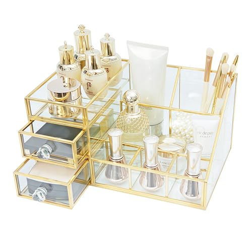 JIARI Glass Makeup Organizer with Drawer, Gold Frame Jewelry Display Box, Nordic Style Cosmetic Storage for Vanity Bathroom Bedroom Office, 10.23x6.29x5.11 Inches (Storage Box-A32)