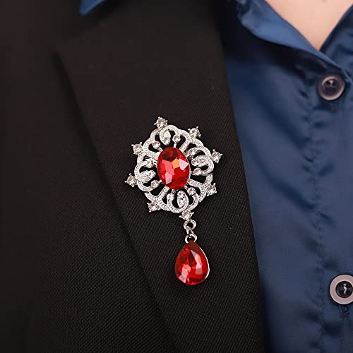 Red Crystal Dangle Drop Small Black Brooch Pin for Unisex Women Men Dress Suit Jewelry