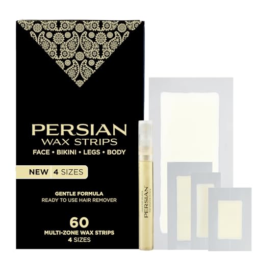 Persian Multi-Zone Cold Wax Strips | 4 Sizes, 60 Strips | Pre-Lined for Face, Legs, Body, Bikini & Underarms | Hair Removal Waxing Kit with Aftercare Oil | Easy, Ready-to-Use | All-Natural Ingredients