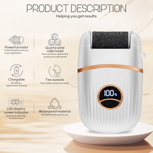 Electric Foot File and Callus Remover, Rechargeable Pedicure Device with Multiple Heads for Dry Rough Feet Care, Home Use Foot Grinder Tool