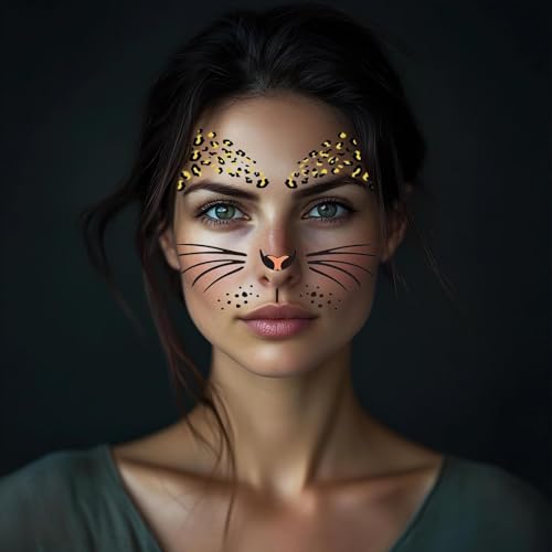 8 Sheets Leopard Face Tattoos Halloween Leopard Makeup Decorations Fake Cheetah Face Temporary Tattoos for Women Girls Halloween Parties Cosplay Accessories