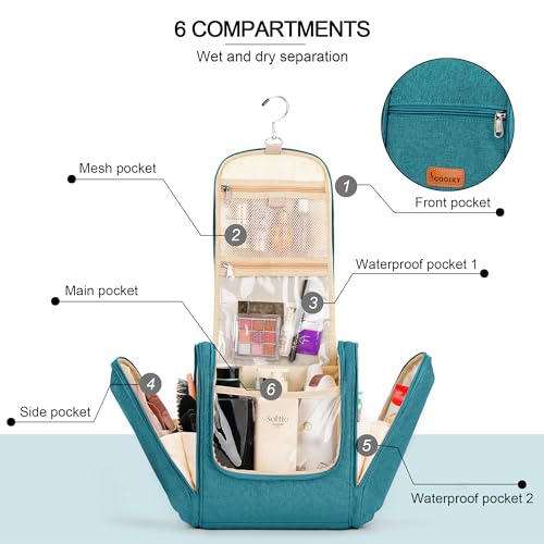 Travel Hanging Toiletry Bag for Women and Men, 6 Organizer Compartments, Holds Full Size Bottles, Extra Large Cosmetic Accessories, Makeup essentials, Bathroom Water-resistant Toiletries Bag, Blue