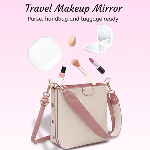 Compact LED Travel Makeup Mirror, Rechargeable Double Sided 1X/10X Magnifying Mirror, 3 Color Lighting, Dimmable Touch Screen, Foldable Lighting Mirror with USB Data Cable White