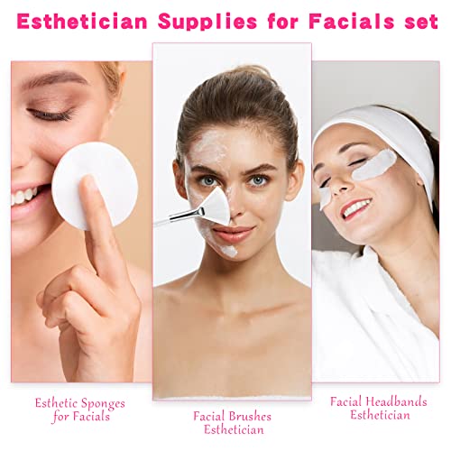 DOSTATNI Esthetician Supplies for Facials set 15 Pieces Esthetic Sponges 4 Facial Brushes Headbands Bowls Supplies, Pink,White