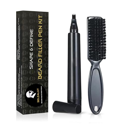 Beard Filler Pen (4-Tip) - Black Beard Pencil Filler for Men Waterproof Patchy Beard Solution - Beard Filler Kit Long Lasting Beard Filling Pen with Brush