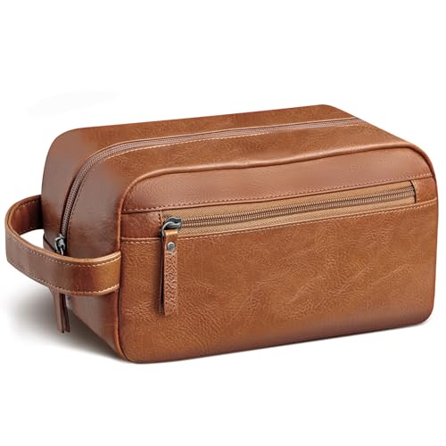 Travel Toiletry Bag for Men and Women, Travel Shaving Dopp Kit Water-resistant Bathroom Toiletries Organizer PU Leather Cosmetic Bags (Dark Brown)