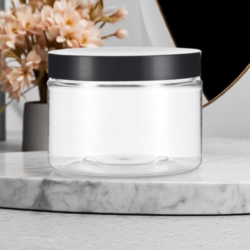 12 oz Clear PET Plastic Refillable Low Profile Jar with Black Smooth Lids (6 pack)