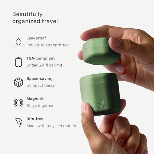 Cadence Travel Containers - 2 Piece Haircare Set - Magnetic Travel Capsules - For Shampoo, Conditioner, Hair Styling Product - 1 Small & 1 Medium Capsule - Shampoo & Conditioner Labels - Evergreen