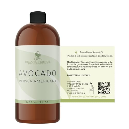 Avocado Oil - Pure, Unrefined, Partially Filtered, Non-GMO, Vegan, Fair Trade, Cold Pressed Peel, Bulk Carrier - 32 oz - for Skin, Hair, Nails, Body & More! Hydrating, Nourishing, Moisturizing