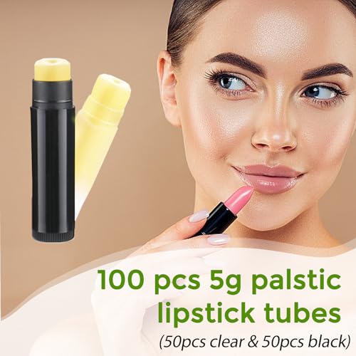 Lip Balm Tubes with Filling Tray and Spatula, 100 Empty Lip Balms Containers with Caps (Clear+Black), 100 Writeable and 100 Printed Stickers, BPA Free, Make Natural Lip Balm Kit for DIY