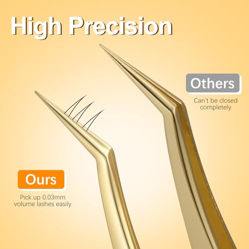 MORGLES Golden Lash Tweezers Set, 5 PCS Professional Eyelash Tweezers for Eyelash Extensions for Beginners & Lash Artists