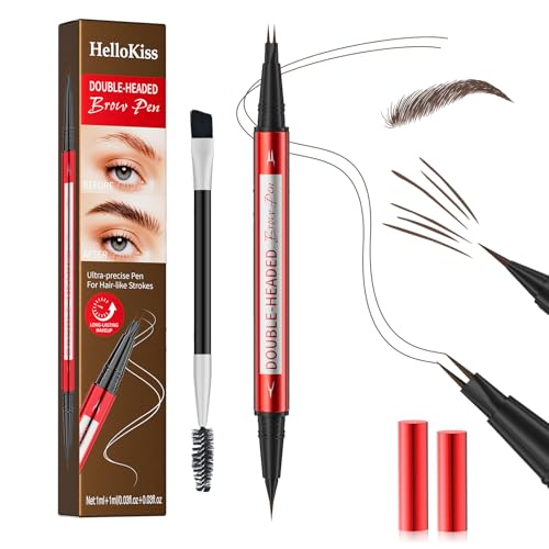 DUDUDU Eyebrow Pencil for Women - Microblading Eyebrow Pen with Dual-Ended Design featuring 2-Fork Tip & Fine Single Brush-Tip, Waterproof, Creates Natural Hair-Like Strokes, Long-Lasting Brown