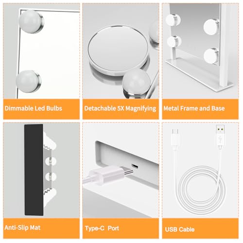 Vanity Mirror with Lights, Hollywood Lighted Makeup Mirror with 3 Color Lighting Modes and 9 Dimmable Bulbs, Detachable 5X Magnification, Smart Touch Control, 360¡ÆRotation, White