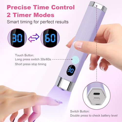 Mini UV Nail Lamp, Portable Flash Cure Light with Upgraded Magnetic Stand & Smart Sensor - Rechargeable Nail Dryer Fast Curing Gel Nails at Salon,Home & Travel (Purple)