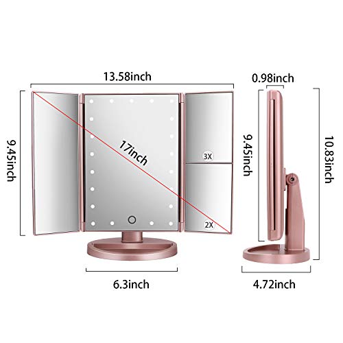 deweisn Dresser Mount Tri-Fold Lighted Vanity Mirror with 21 LED Lights, Touch Screen and 3X/2X/1X Magnification, Two Power Supply Modes Make Up Mirror,Travel Mirror