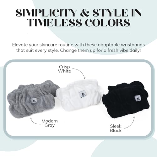 Wrist Bands for Washing Face (6pcs) ? Soft, Absorbent Bamboo Viscose & Polyester Spa Wristbands Prevent Water from Spilling Down Arms | Fast-Drying, Shed-Free Cuffs in Black, White, Gray