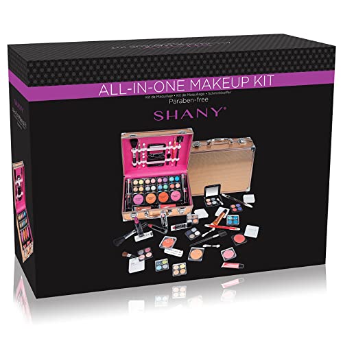 SHANY Carry All Make up Train Case with Pro Makeup Set, Beauty Brushes, Lipsticks, Eye Shadows, Blushes, Powders, and more - Reusable Cosmetics Storage Organizer - Premium Gift Packaging - Rose Gold