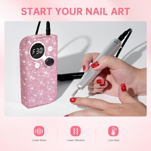30000RPM Cordless Nail Drill Sparkling Portable Professional Electric Nail File with 12 Drill Bit for Acrylic Gel Nails Professional Nail Tools for Manicure Pedicure Pink Diamond