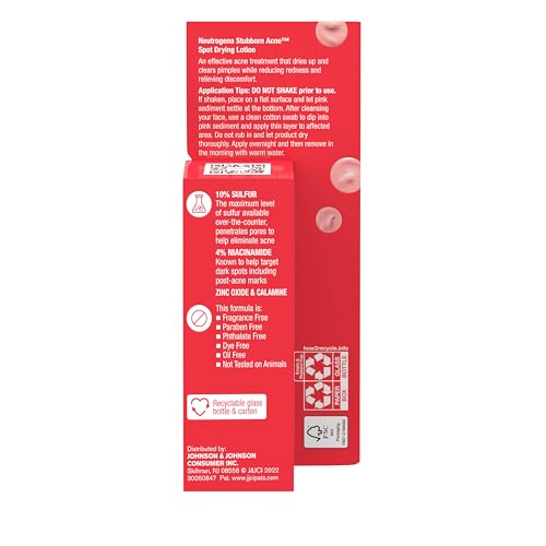 Neutrogena Stubborn Acne Spot Drying Lotion, Fragrance-Free Sulfur Acne Treatment Clears Acne By Drying Up & Shrinking Pimples, Paraben- & Oil-Free, 10% Sulfur & 4% Niacinamide, 1.0 fl. oz