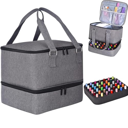 Nail Polish Organizer Case Hold 42 Bottles (15 ml) and Nail Lamp, Nail Organizers and Storage for Nail Supplies, Double Layer Nail Bag Organizer Case with Handle (Grey)
