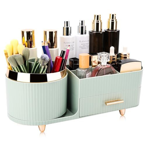 Beborxue 360¡Æ Rotating Makeup Organizer for Vanity with Drawers, Large Capacity Cosmetic Display Case, skincare organizer, Cosmetic Organizer for Lipstick, Skincare, Brushes, Eyeshadow, (Green)