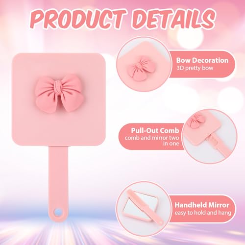 Amyhill 24pcs Coquette Pink Bow Party Favor, Handheld Mirror Bulk for Women Birthday Bridal Shower Graduation, Pocket Small Mini Hand Held Extendable Mirrors for Bag