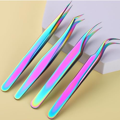 2 Pairs Rainbow Stainless Steel Curved Pointed Craft Tweezers with 2 Leather Bags for DIY Crafts, Precision Micro Tweezers for Eyelash Extensions, Electronics, and Laboratory Works