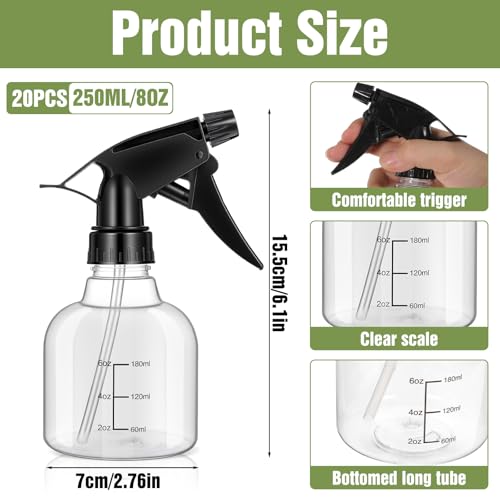 20 Pcs Empty Plastic Spray Bottles 8oz Mini Refillable Spray Bottle with Adjustable Nozzle Black Sprayers Small Spray Bottles with Scale for Cleaning, Hair, Plant, Kitchen