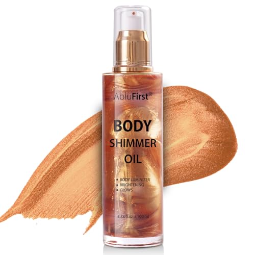 Shimmer Body Oil 100ml Face Glitter Summer Body Moisturizing Light Shimmering Glow Non-Sticky Party Luminizer and Illuminator Smooth (3.38 Fl Oz Pack of 1, Bronze Gold)