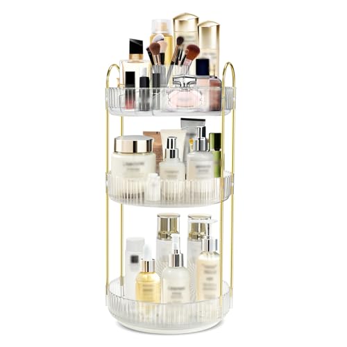 Rotating Makeup Organizer for Vanity, High-Capacity Skincare Perfume Storage, Bathroom Counter Organizer, 360 Spinning Cosmetic Dresser Countertop Organizers (White 3 Tier)