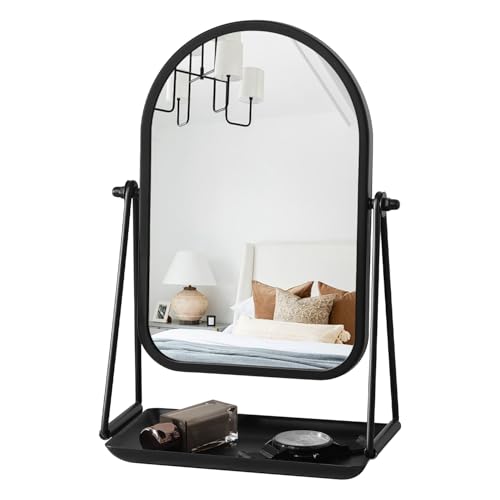Desk Table Mirror Black Arch Desktop Vanity Mirror Iron Frame Make up Mirrors with 360 Degree Swivel Countertop Mirrors for Dressing Room Bathroom Bedroom Apartment
