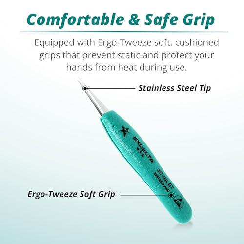 Excelta 3C-SA-ET Straight Very Fine Precision Pointed Tweezers, Ergo-Tweeze TealShield Soft Cushioned Grips, Anti-Magnetic Neverust Stainless Steel, 4.75¡± Long, Swiss Made, Professional