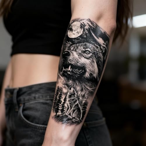 2 Sheets Realistic Animal Temporary Tattoos Stickers Forest Wolf Designs For Men Waterproof Arm Leg Fake Body Art, Gym & Parties Bold Masculine Decals