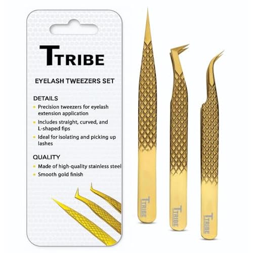 Lash Tweezers for Eyelash Extensions with Diamond Grip, Japanese Stainless Steel, Set of 3 - Great Precision for Classic, Volume & Mega Volume, Premium 45 Degree Curved Set for Women (Gold)