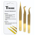 Lash Tweezers for Eyelash Extensions with Diamond Grip, Japanese Stainless Steel, Set of 3 - Great Precision for Classic, Volume & Mega Volume, Premium 45 Degree Curved Set for Women (Gold)
